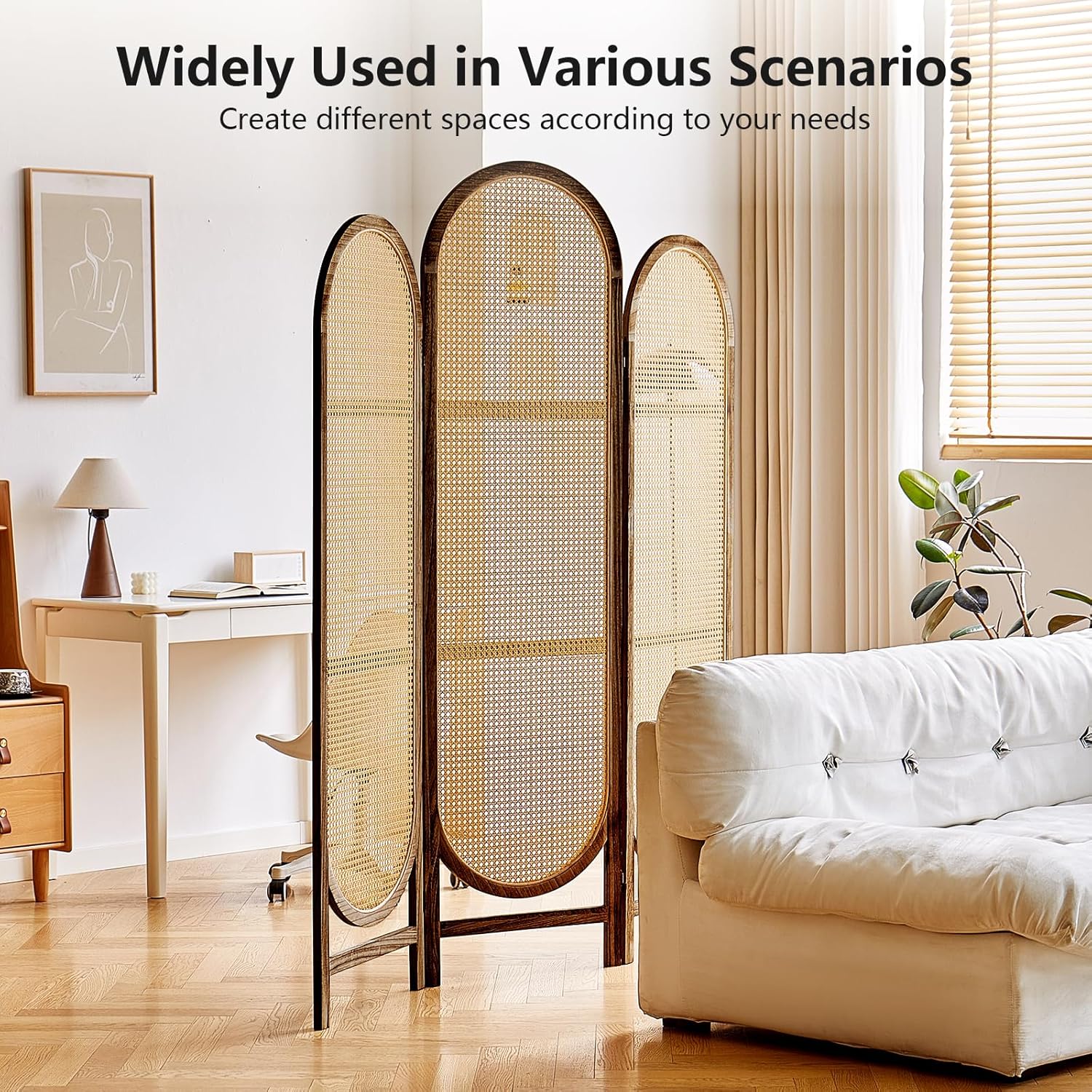 Wood Room Divider 3 Panels, Folding Rattan Room Divider Wall, Unique Design Folding Portable Partition Screen, Foldable Privacy Screen Wall Divider for Home Office Restaurant Bedroom (Brown)