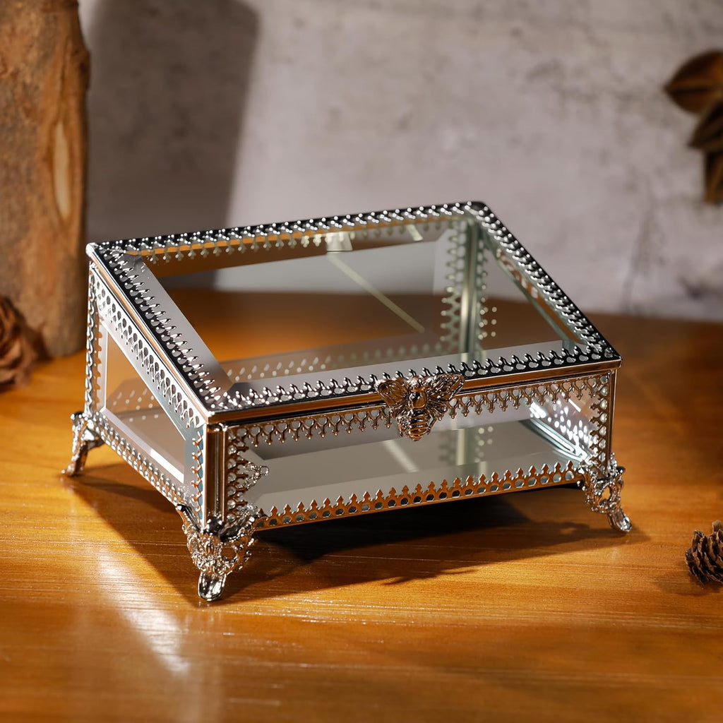 Glass Vintage Jewelry Box Keepsake storage Trinket Ring Display Box Home Decor Beveled Clear Glass Box Organizer(5.7x4.3x2.7Inches)