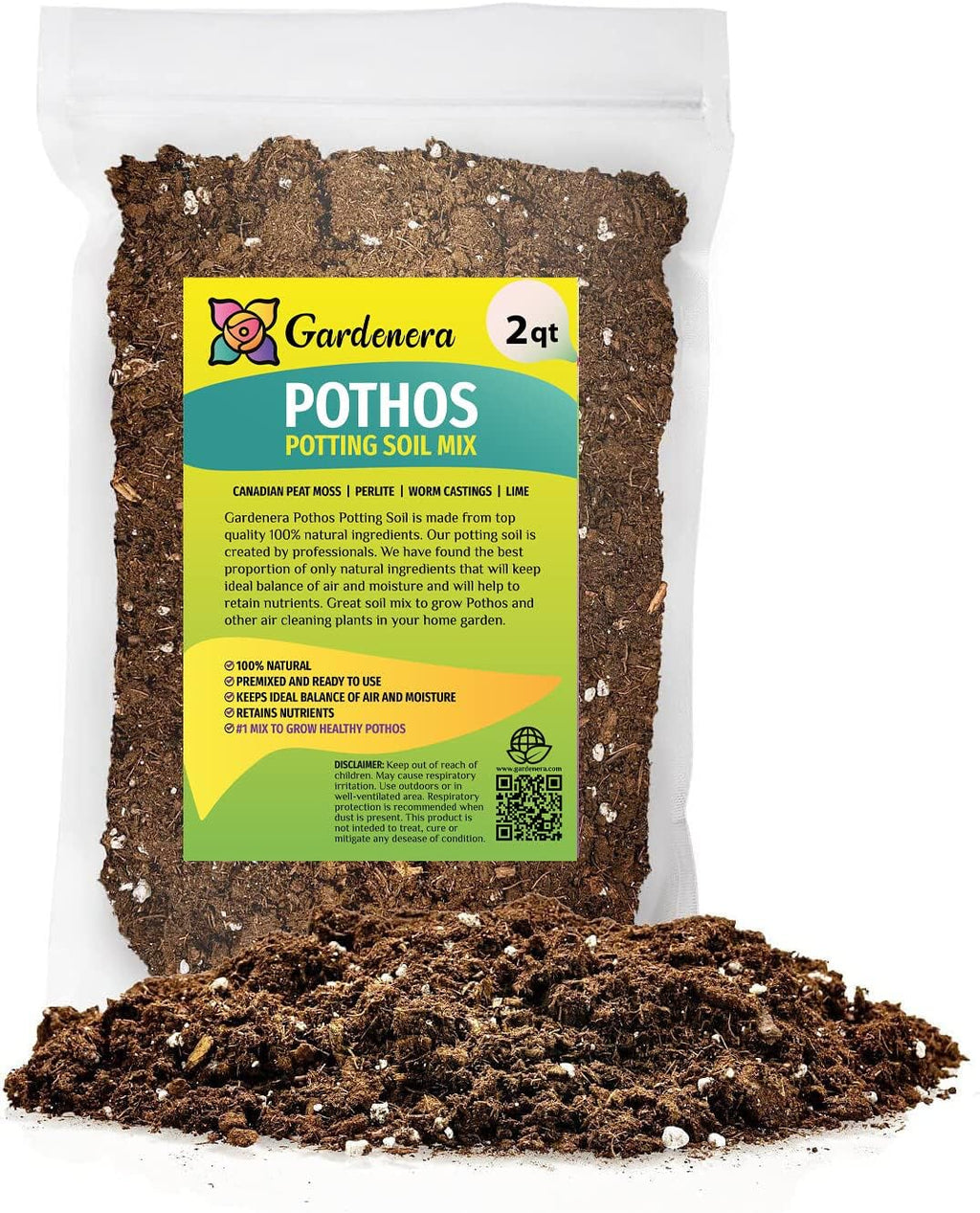 GARDENERA Premium Pothos Potting Soil Mix - Air Cleaning Plant Potting Mix, Soil Mix for Pothos, Parlor Palm, Peace Lily - (2 Quart Bag)