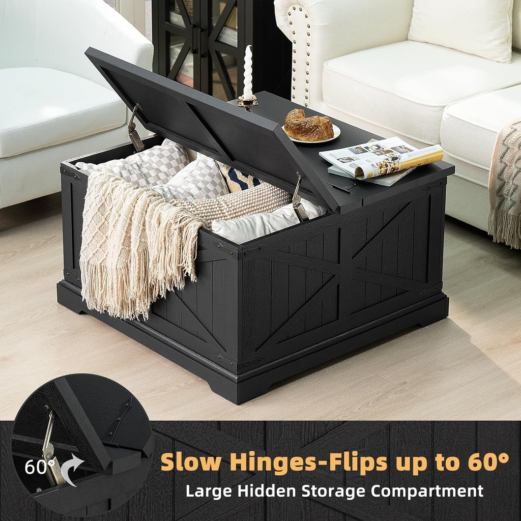 Farmhouse Coffee Table with Large Hidden Storage Compartment, Rustic Black Square Center Table, Wood Low Farm House Modern Living Room Tables with Hinged Lift Top & Wooden Arc Base