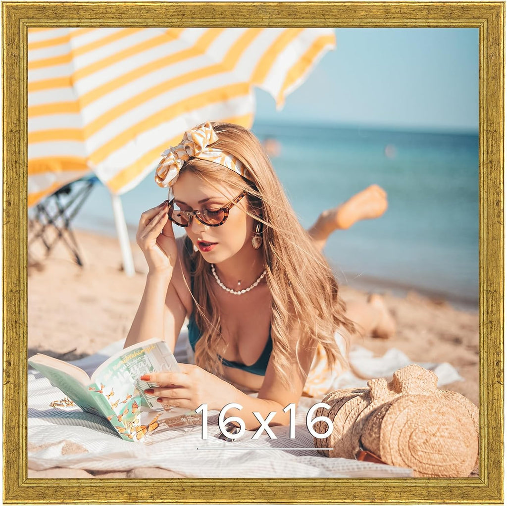 Wood 16x16 Frame Gold, Ornate Natural 16x16in Poster Picture Frame, Modern Golden 16 x 16inch Gallery Wall Photo Frame with HD Plexiglass, Horizontal Vertical Wall Mounting Display 1pcs