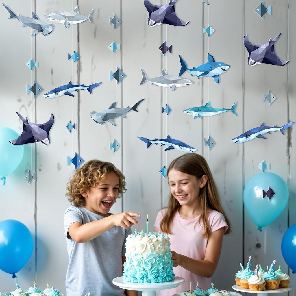 Cheerland Shark Birthday Party Decorations Hanging Shark Garland Decor Theme Backdrop Banner for Under The Sea Geometric Blue Ocean Nautical Pool Party Summer Halloween Streamers Decor Supplies
