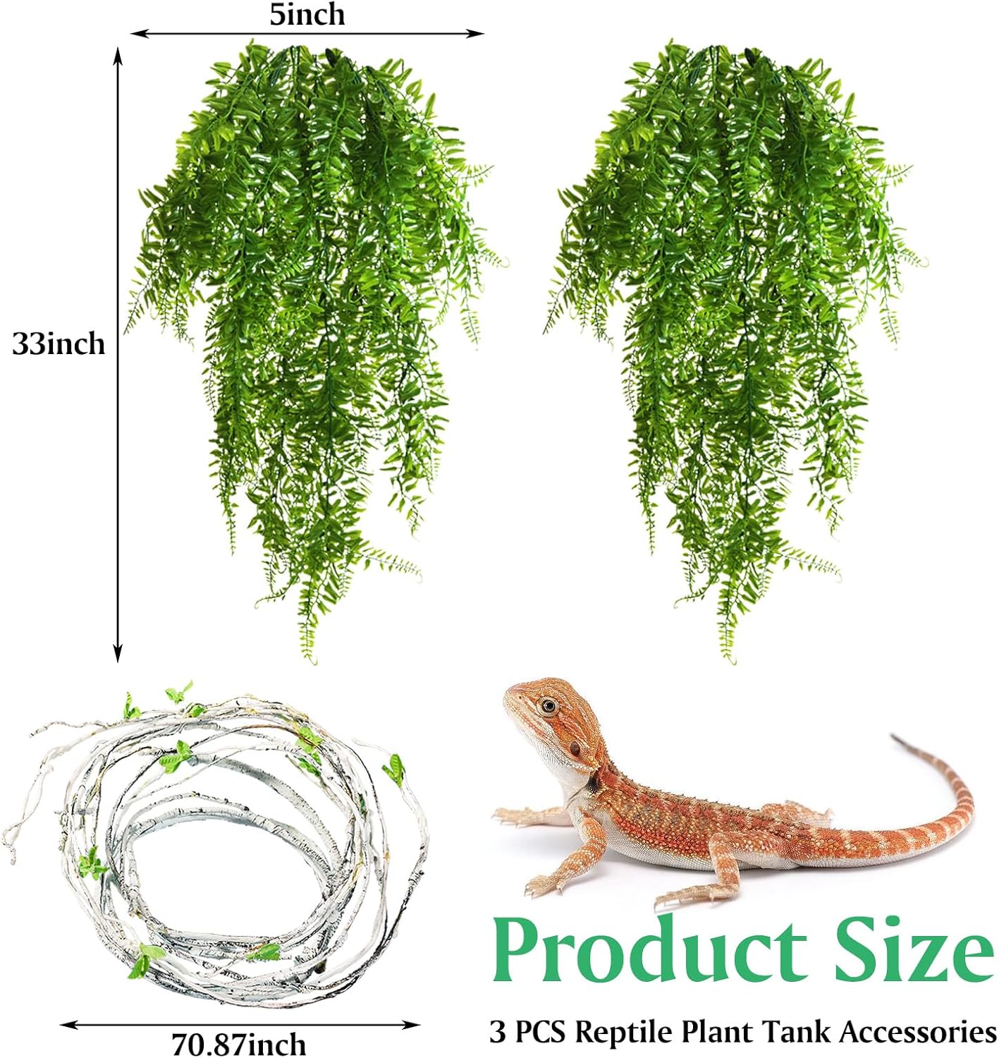 PINVNBY 3PCS Reptile Plants, Reptile Fake Hanging Plants for Bearded Dragon Tank Accessories, Terrarium Vines Flexible Climbing Artificial Leaves, Terrarium Decor for Leopard Gecko Lizard Snake