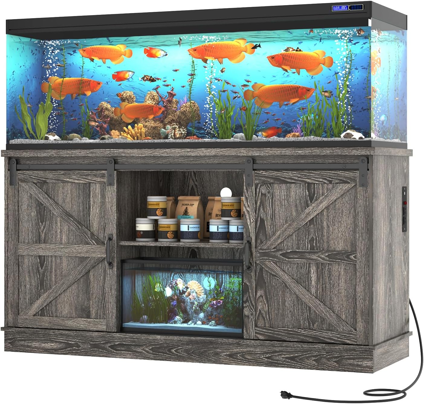 Farmhouse 75-120 Gallon Fish Tank Stand with Power Outlet, Aquarium Stand w/Cabinet&Sliding Barn Door, Heavy Duty Reptile Tank Stand for Fish/Turtle/Reptile Terrarium, 1000LB Capacity, Grey