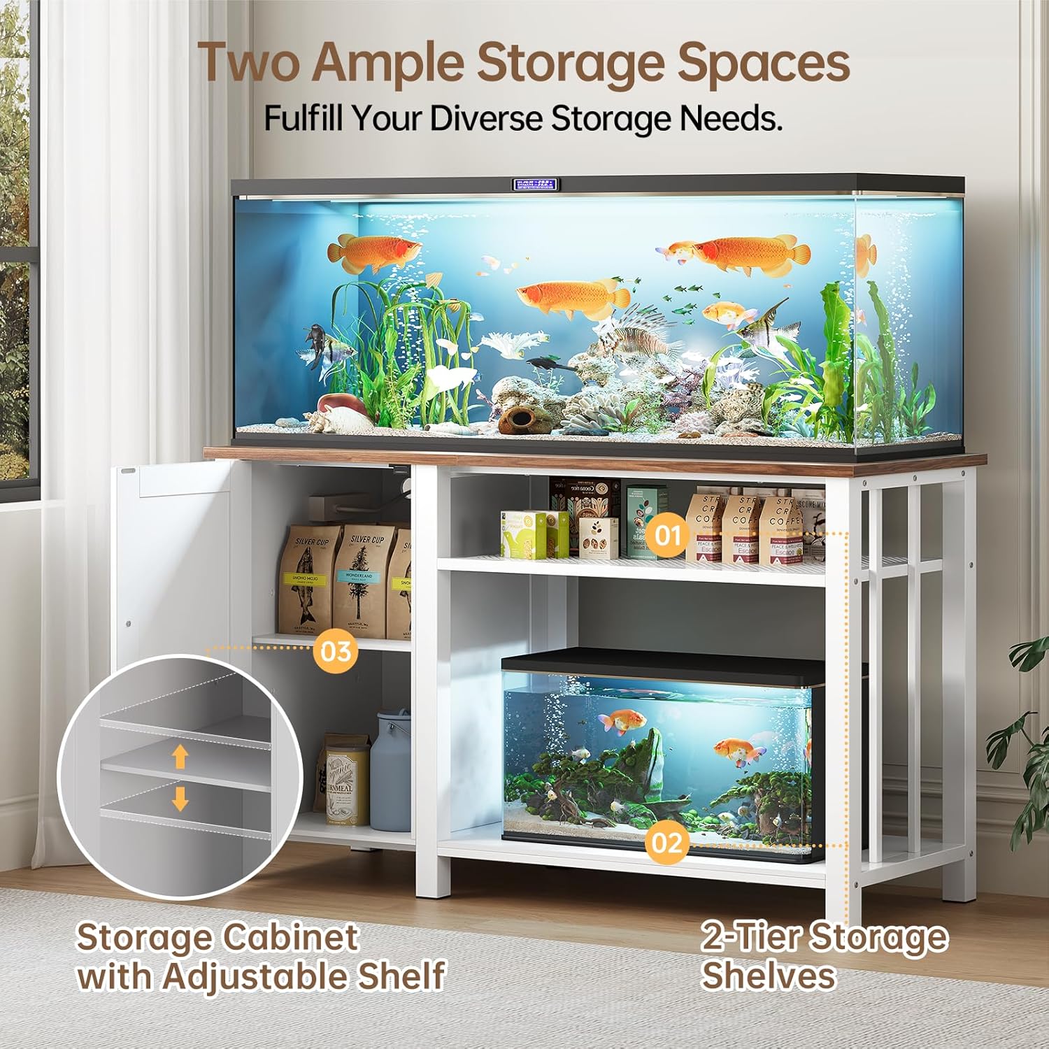 55-75 Gallon Fish Tank Stand with Power Outlet & Adjustable Shelf, Heavy Duty Aquarium Stand with Cabinet Storage for Fish Tank, Turtle Tank, Reptile Terrarium, 1000LBS Capacity, White