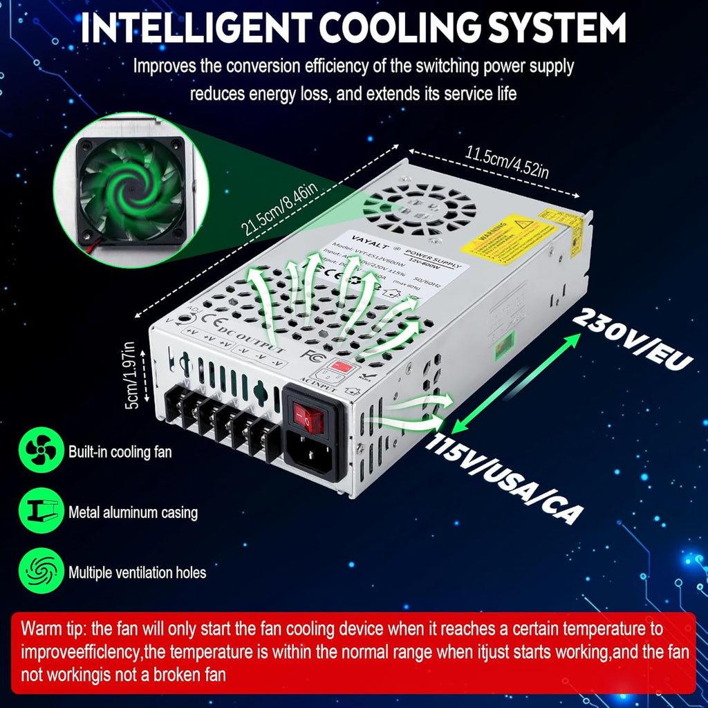 VAYALT New DC 12V 50A 600W Switching Power Supply, SMPS Power Supply, Universal Regulated Switching 110v to 12v Converter, for Industrial, CCTV, Computer Project, LED Strip Light (No Power Cord)