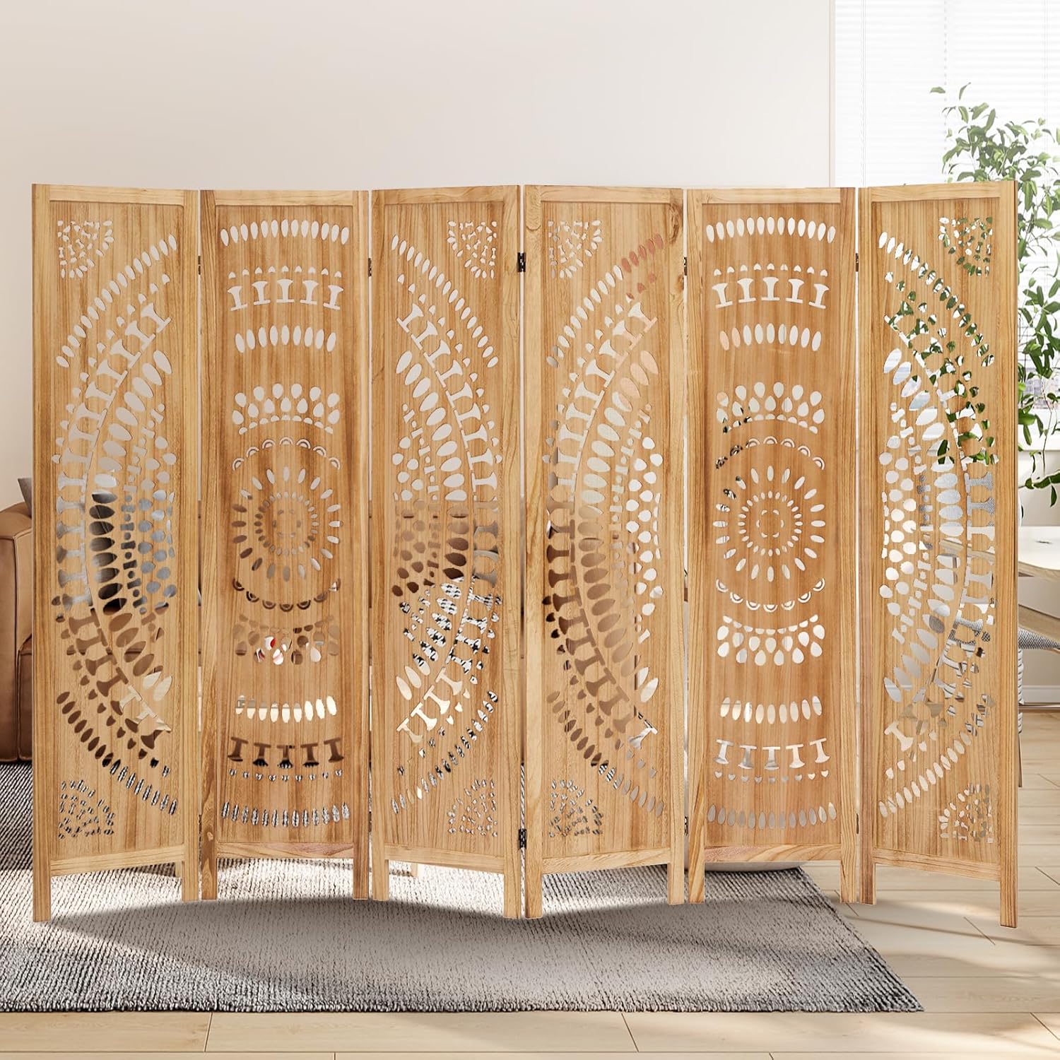 Wooden Room Divider Wall, 6 Panel Divider Screens, Folding Privacy Screen, 5.6 FT Wall Divider Room, Carved Room Divider Panel, Portable Wall Divider for Home Bedroom Office (Natural)