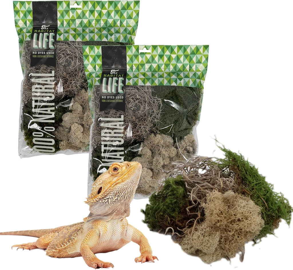 The Habitat Life - Natural Variety Pack - Mix of Reindeer, Mood, Sheet & Spanish Moss - for All Terrariums - Humidity Control - Breathable Bedding - Dye-Free & Safe - Medium - 2 Pack