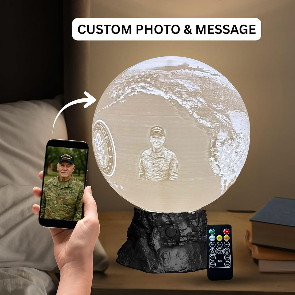 Personalized US Army Moon Lamp with Custom Text & Photo – Military Night Light for Soldiers, Veterans, Deployment Homecoming & Army Families | Army Decor, Military Retirement Gift