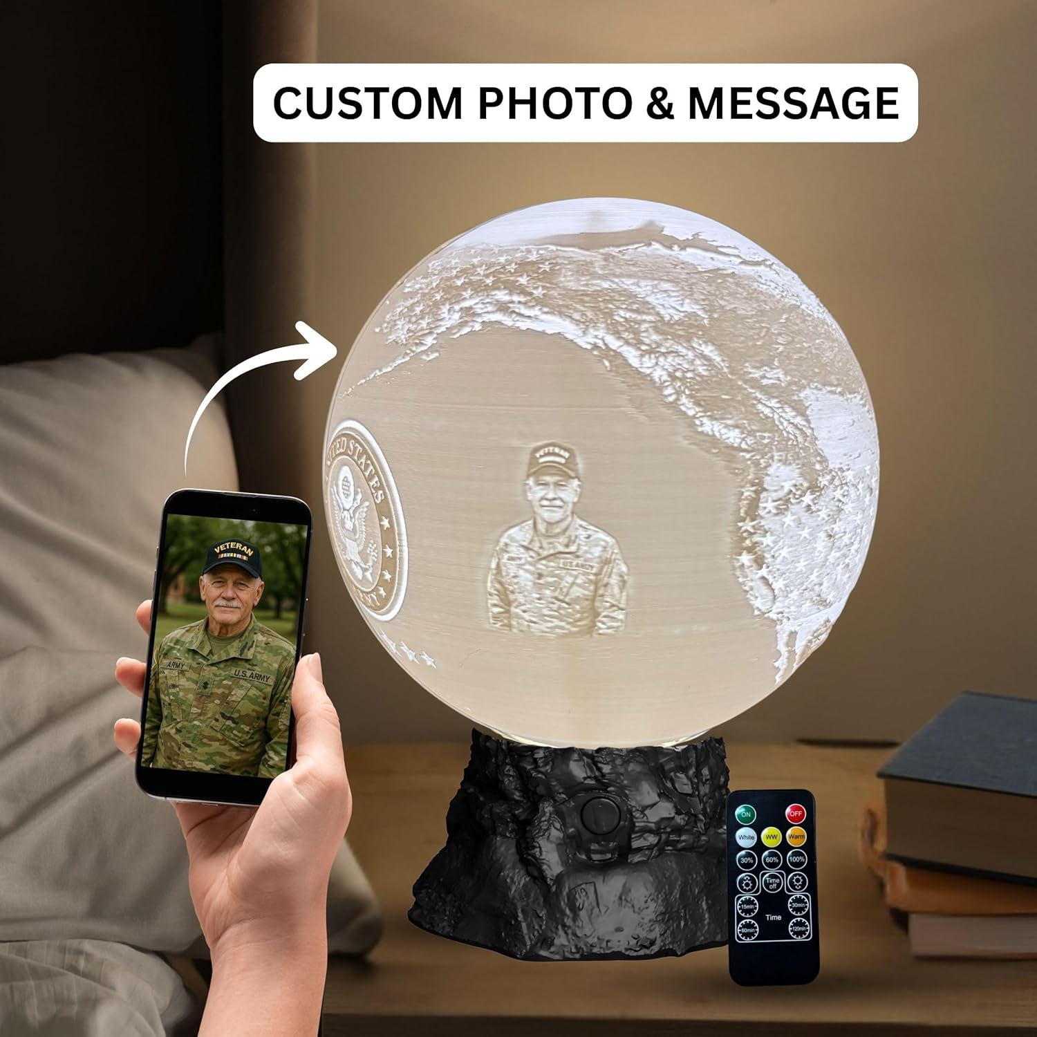 Personalized US Army Moon Lamp with Custom Text & Photo – Military Night Light for Soldiers, Veterans, Deployment Homecoming & Army Families | Army Decor, Military Retirement Gift