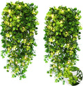 RECUTMS Artificial Hanging Plant Indoor Faux Plants Outdoor Large 2pcs Hanging Greenery with LED Lights Strings Silk Rose Flowers Plastic Leaves Decor for Party Wedding House Patio (Green)