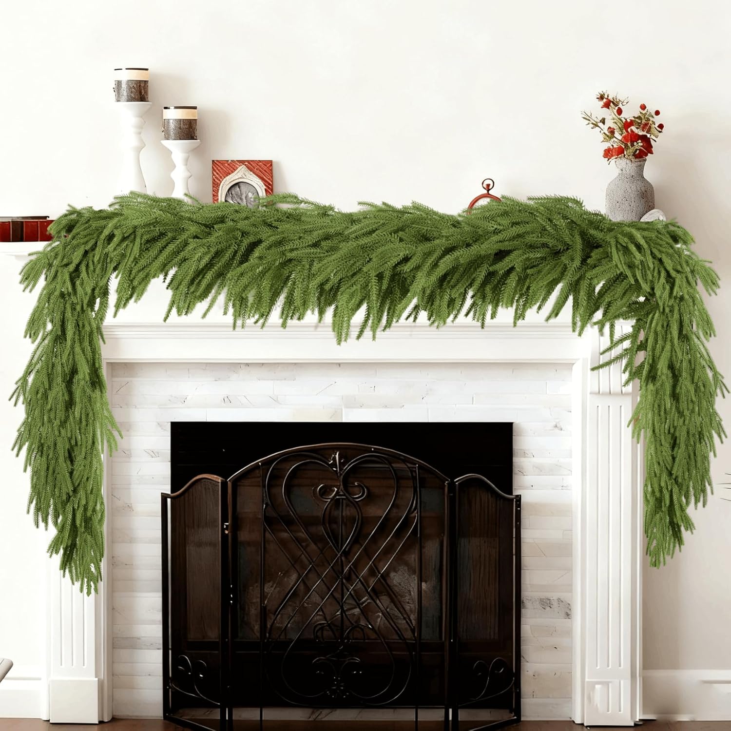 9ft 1pcs Christmas Norfolk Pine Garlands Dense Realistic Artificial Faux Greenery Garland Winter Christmas Garland for Fireplace, Wall, Window, Indoor Outdoor Xmas Decor