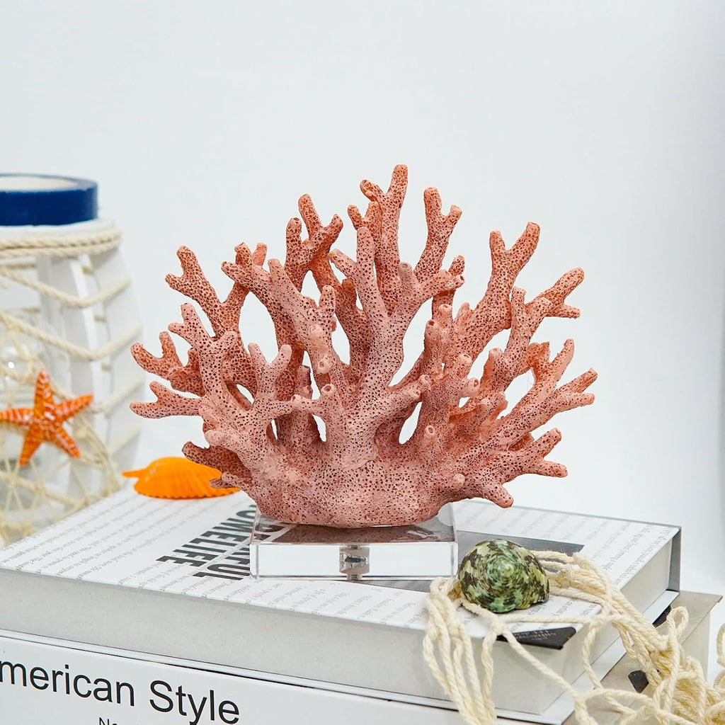 Coral Coastal Decor, Artificial Resin Coral Reef Statue, Coastal Room Decor Beach Decorations for Home Bathroom Bedroom,Ocean Themed Decor for Office,Aquarium,7.5''Lx6.3''H, RB1001P, Pink