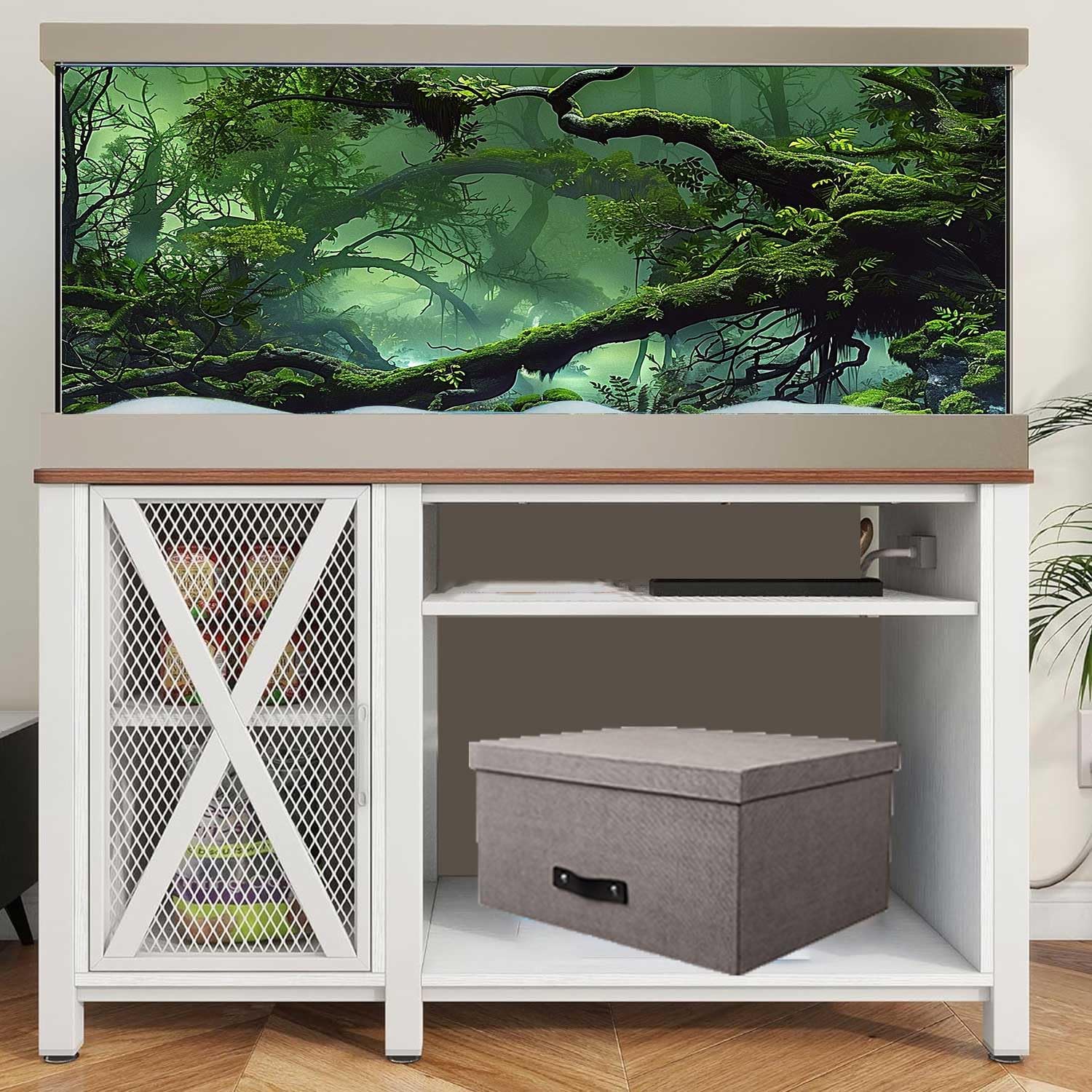 Foggy Forest Terrarium BackgroundStone Green Tree Tropical Reptile Habitat Rainforest Aquarium Background, Polyester Background 6 EVA Double-Sided Tapes 36x18 inches/90x45