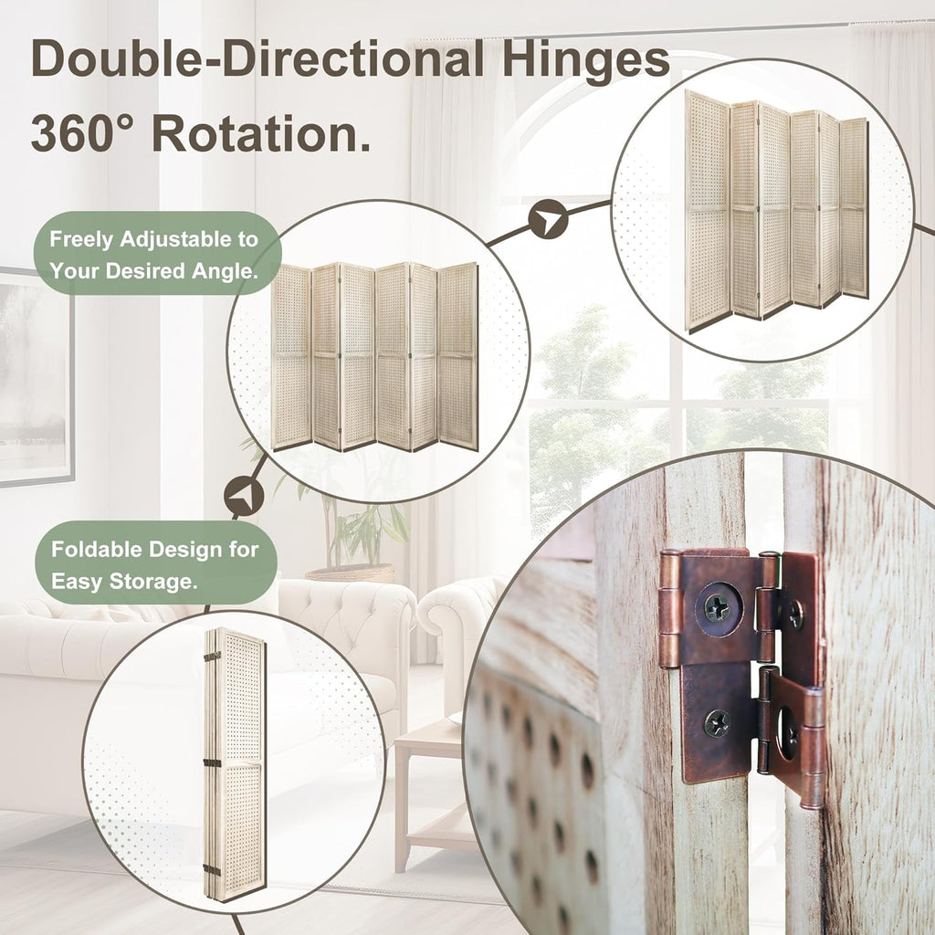 6 Panel Room Dividers 5.6FT Wall Divider with Freestanding Peg Board Display Wooden Folding Privacy Screen Foldable Partition Wall for Studio Apartment, Living Room, Natural Wood