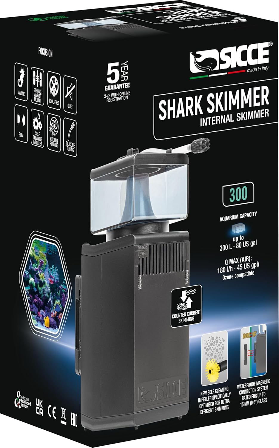 Sicce Shark Nano Protein Skimmer 300 up to 80 Gallon Saltwater Aquariums | Ultra Quiet Pump, Adjustable, Compact, Small Aquarium Marine Reef Tank
