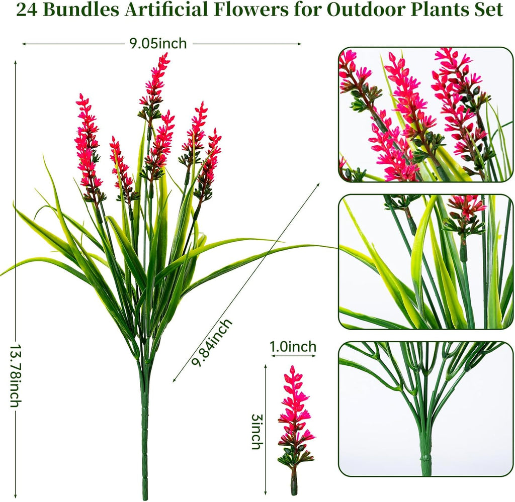 Artificial Flowers for Outdoor Plants 24 Bundles Fake Lavender Plastic Faux Monkey Grass for Verandah Window Garden Office Patio Front Porch UV Resistant for Planter(Hot Pink)