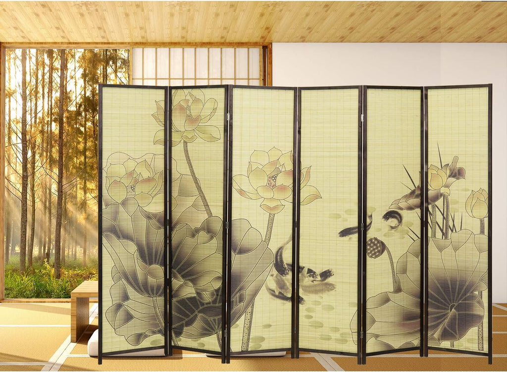 MyGift Decorative 6-Panel Folding Room Divider Bamboo Screen with Chinese Calligraphy Design, 6FT Freestanding Room Partitioner with Dark Brown Wood Frame 114.25''W x 70.75''H