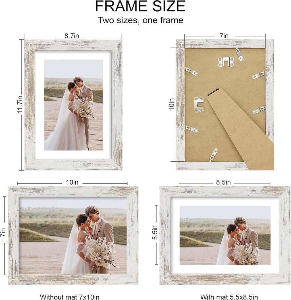 7x10 Picture Frame Set of 4, Made of Real Glass and Distressed White Frame - Display Picture 5.5x8.5 with Mat or 7x10 Without Mat, 7 by 10 Photo for Wall or Tabletop