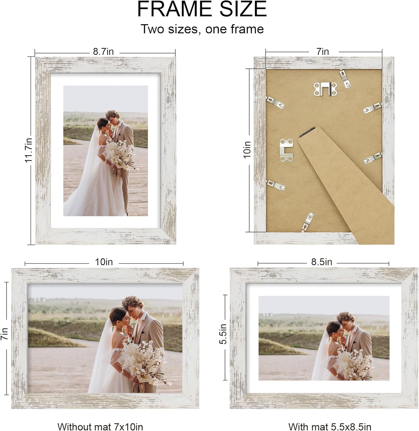 7x10 Picture Frame Set of 4, Made of Real Glass and Distressed White Frame - Display Picture 5.5x8.5 with Mat or 7x10 Without Mat, 7 by 10 Photo for Wall or Tabletop