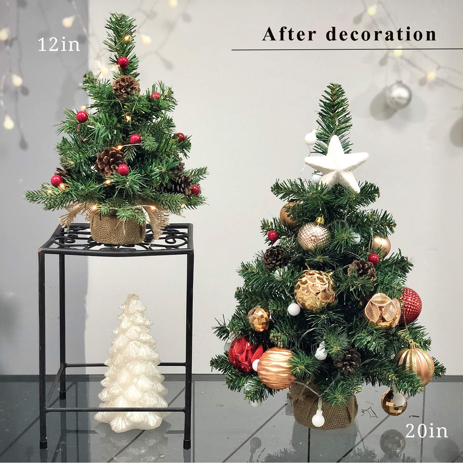 Pre-Lit Artificial Mini Christmas Tree,20 inch Small Pine Xmas Tree with 40 LED Lights,70 Branch Tips,Battery Operated Tabletop Christmas Tree Burlap Base-(50cm)