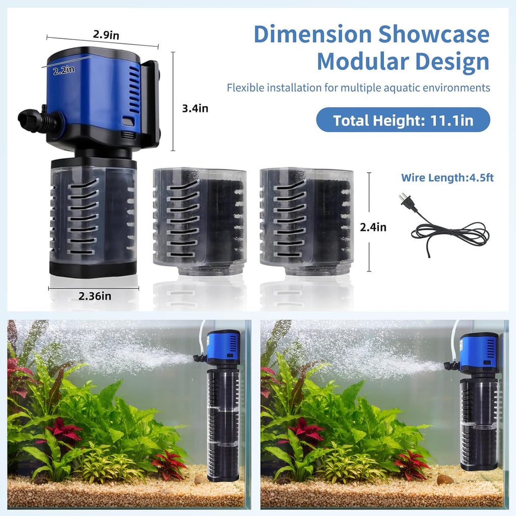 TARARIUM Aquarium Filter 260GPH for 30-75 Gallon Fish Tank, Biochemical Quiet Submersible Internal Filtration Powerful Pump Air Supply Wave Maker 4 in 1, Saltwater & Freshwater Crystal Clear