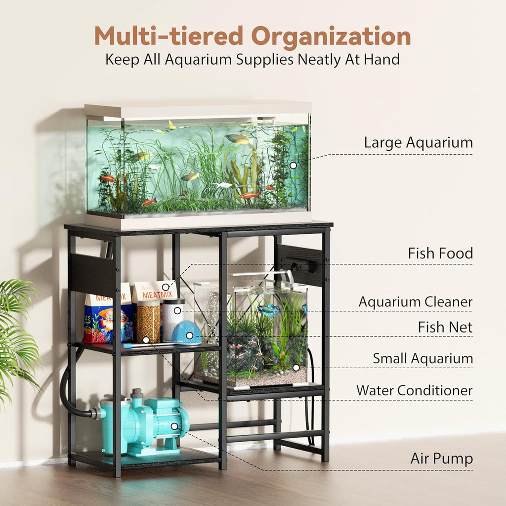 GRLEAF 20-30 Gallon Fish Tank Stand with Power Outlets, 4 Tier Metal Aquarium Stand with Wood Storage Shelves, 30.7" L x 13.8" W x 30.3" H Turtle Reptile Fish Tank Table Aquarium Table - Black
