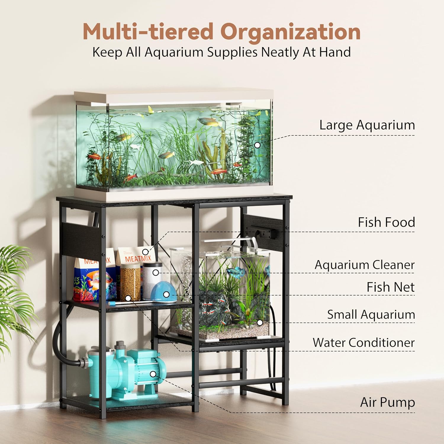 GRLEAF 20-30 Gallon Fish Tank Stand with Power Outlets, 4 Tier Metal Aquarium Stand with Wood Storage Shelves, 30.7" L x 13.8" W x 30.3" H Turtle Reptile Fish Tank Table Aquarium Table - Black