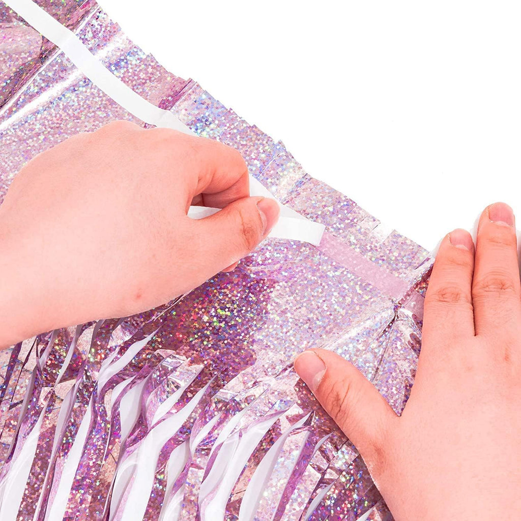 BRAVESHINE 1 Purple 1 Pink Streamers Party Backdrop - 3.2 ft x 8.2 ft Metallic Tinsel Foil Fringe Curtains for Hunters/Christmas/Girl/Women/Birthdays/Engagement/Bridal Shower/Bachelorette Decorations