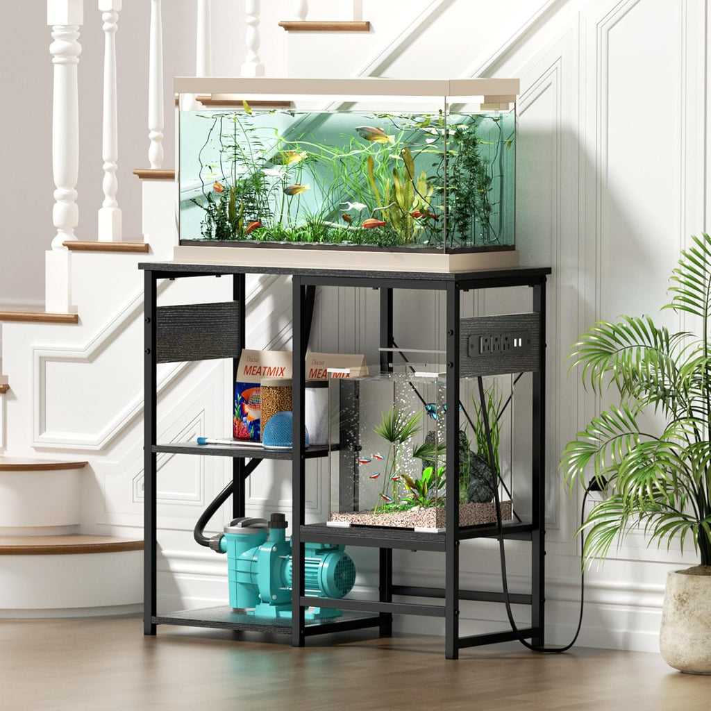 GRLEAF 20-30 Gallon Fish Tank Stand with Power Outlets, 4 Tier Metal Aquarium Stand with Wood Storage Shelves, 30.7" L x 13.8" W x 30.3" H Turtle Reptile Fish Tank Table Aquarium Table - Black