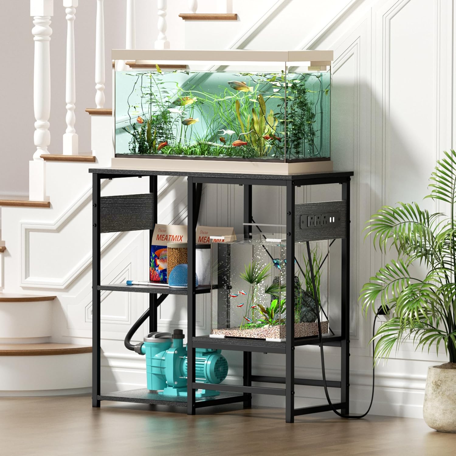 GRLEAF 20-30 Gallon Fish Tank Stand with Power Outlets, 4 Tier Metal Aquarium Stand with Wood Storage Shelves, 30.7" L x 13.8" W x 30.3" H Turtle Reptile Fish Tank Table Aquarium Table - Black