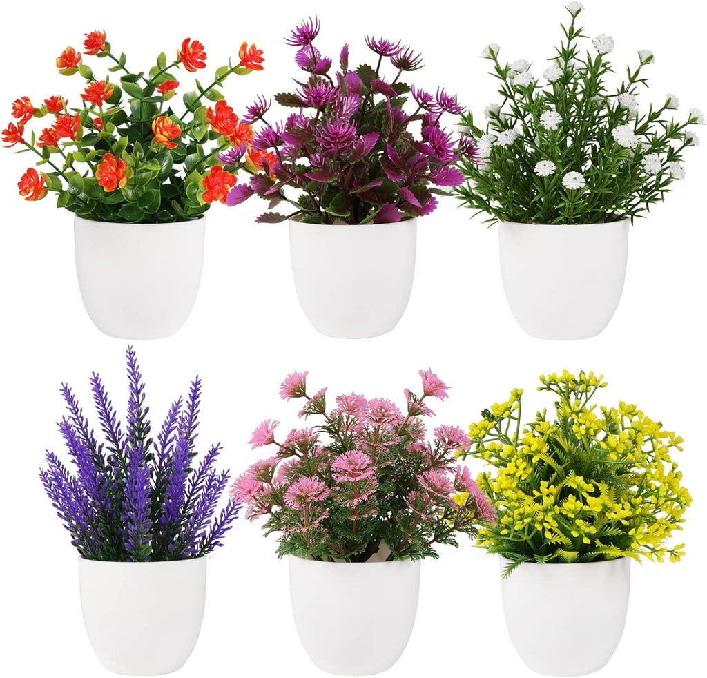 Artificial Small Plant 6pcs Fake Flower Potted Plant Bathroom Faux Plant for Indoor Decor Window Tabletop Office Colorful Flower