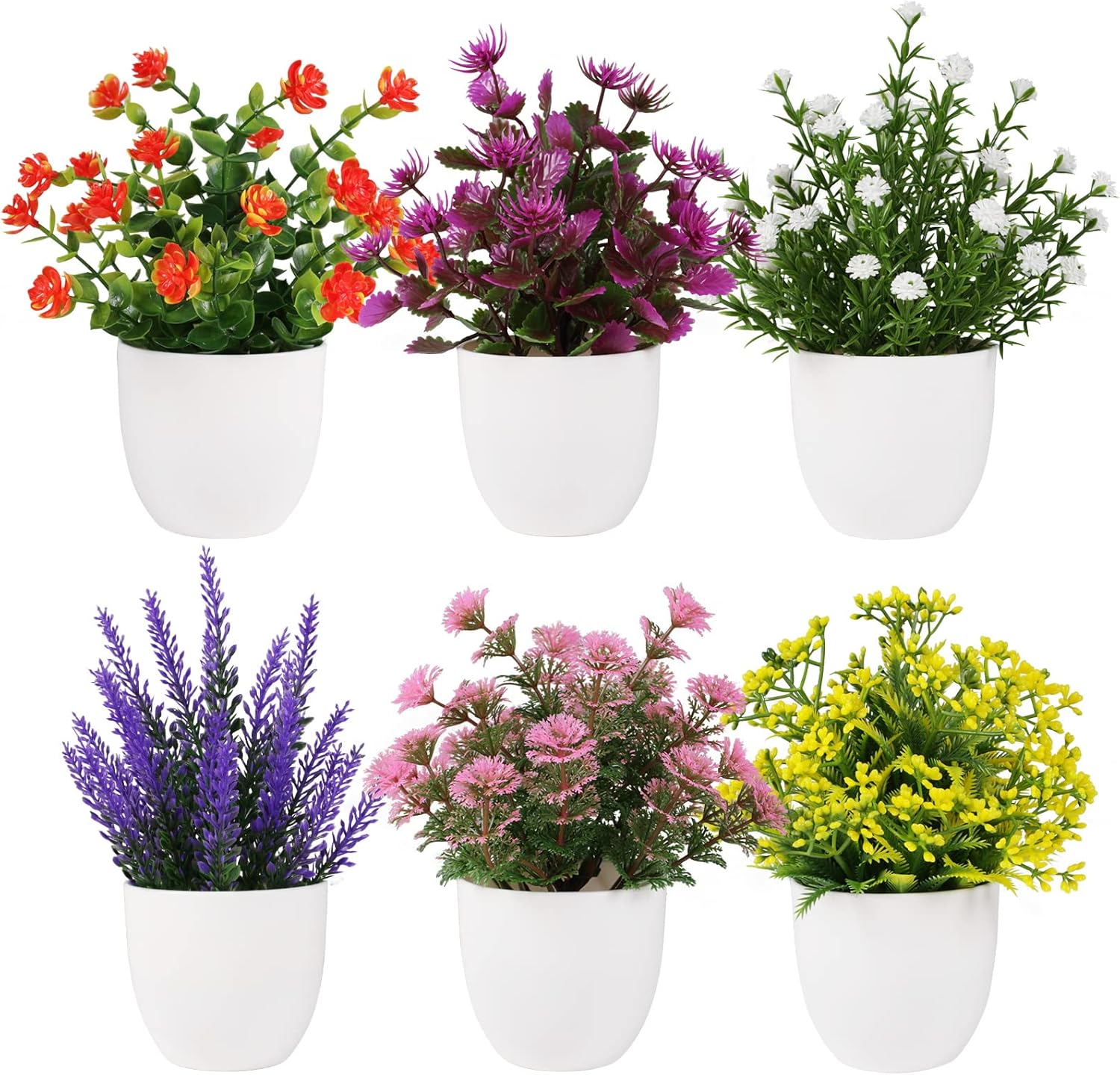 Artificial Small Plant 6pcs Fake Flower Potted Plant Bathroom Faux Plant for Indoor Decor Window Tabletop Office Colorful Flower