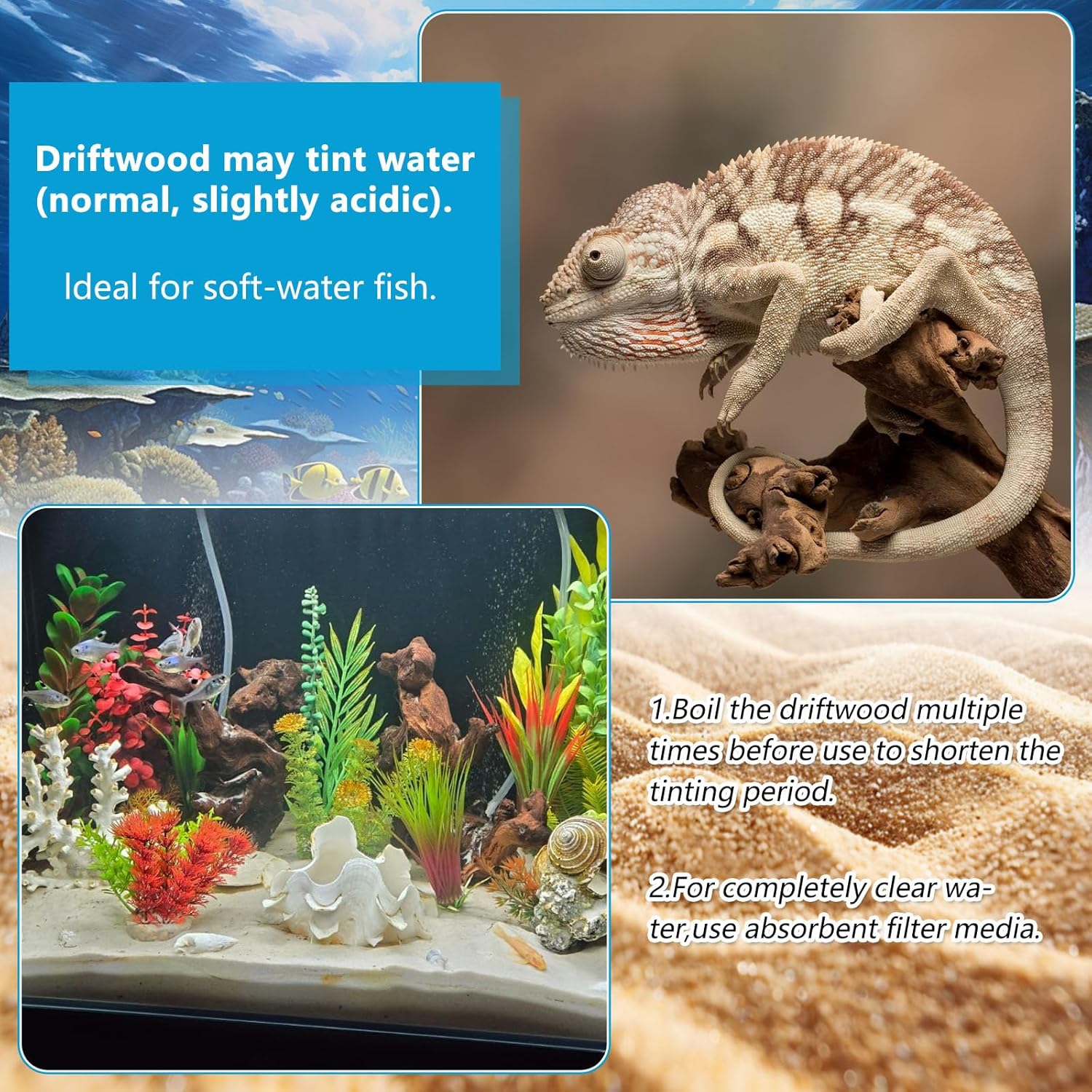 3 Pcs Natural Driftwood for Aquarium, Aquarium Driftwood Freshwater 8-10 Inch, Assorted Size Mopani Wood, Twisted Branches for Fishtank Accessories, Reptile Terrariums Decorations