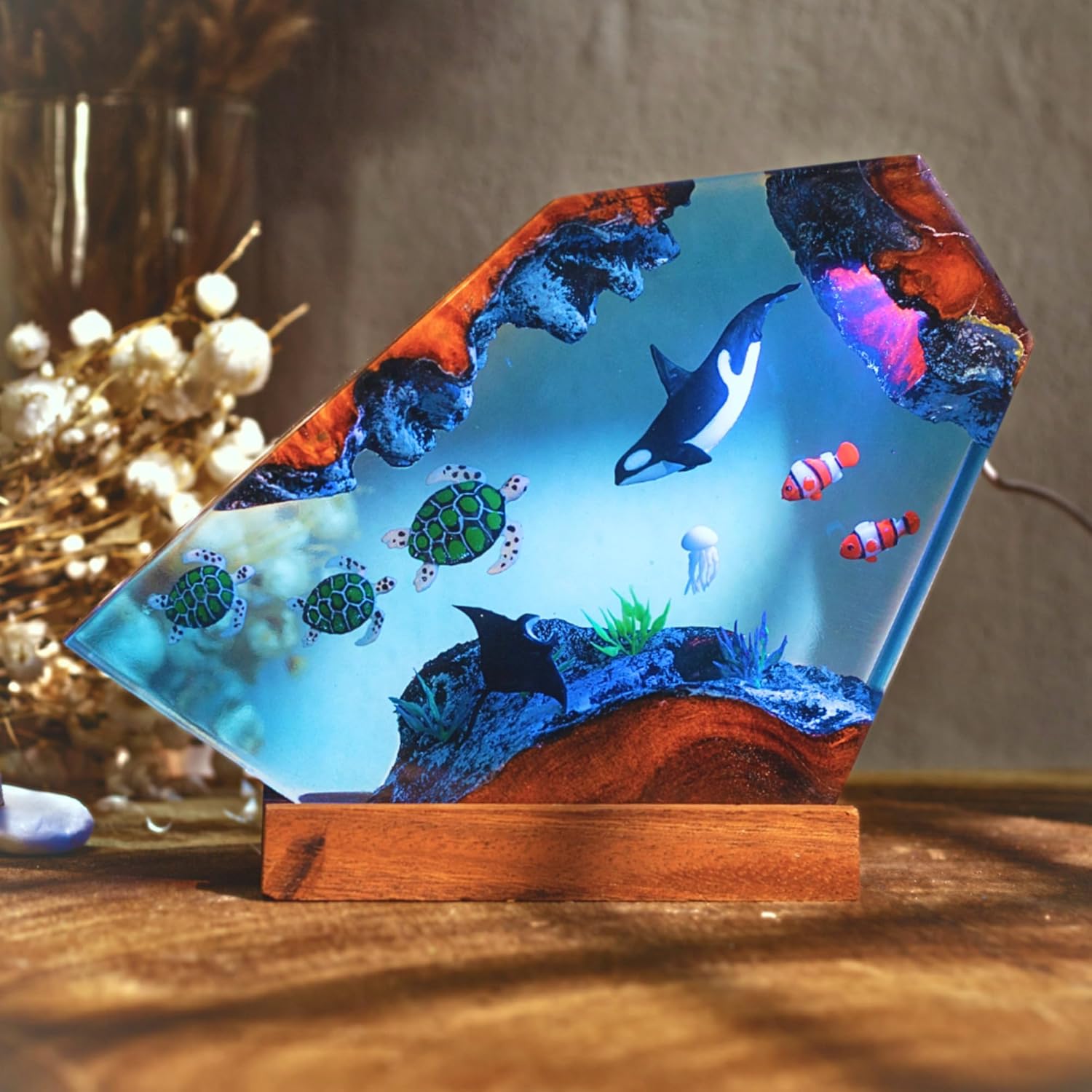 Ocean Resin Lamp – Marine Life Night Light with 16 Color LED, USB Powered Whale Shark & Turtle Desk Lamp with Wooden Base & Remote,Handmade Gift for Christmas, New Year