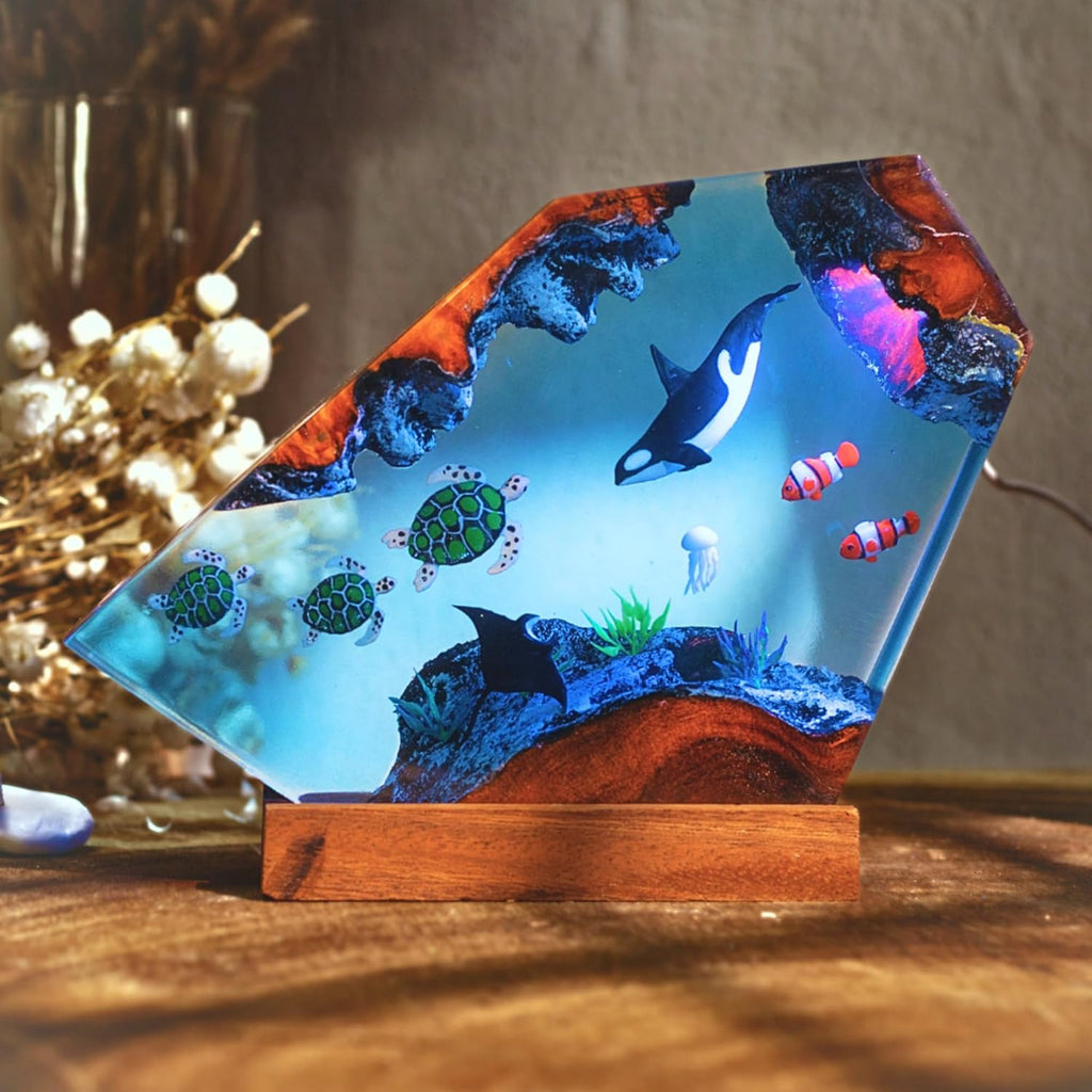 Ocean Resin Lamp – Marine Life Night Light with 16 Color LED, USB Powered Whale Shark & Turtle Desk Lamp with Wooden Base & Remote,Handmade Gift for Christmas, New Year
