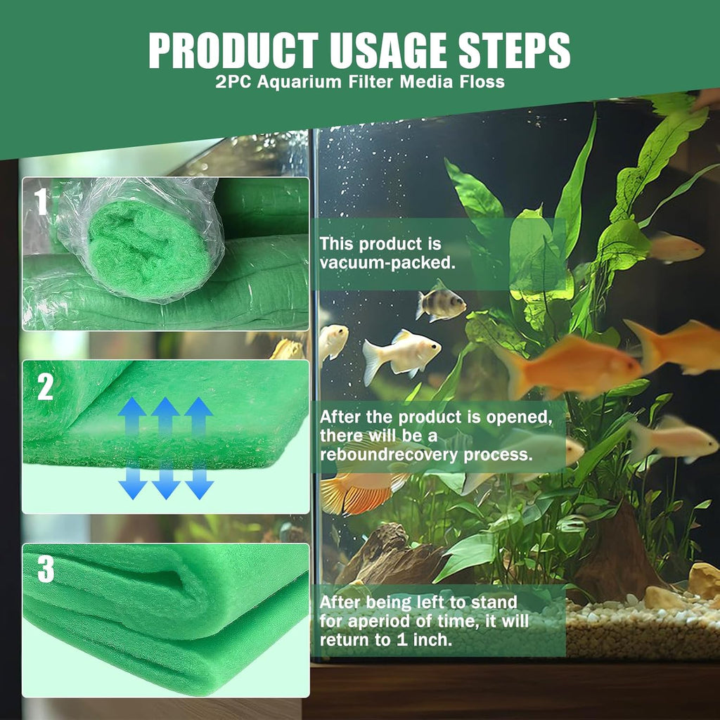2PCS Aquarium Filter Floss for Fish Tank Filters-aquarium filter media-Aquarium Filter Pad-Media Roll for Crystal Clear Water,1" Thick (12 in Wide, 78 in Long) 6.6ft per Roll Total 13.2ft(green)