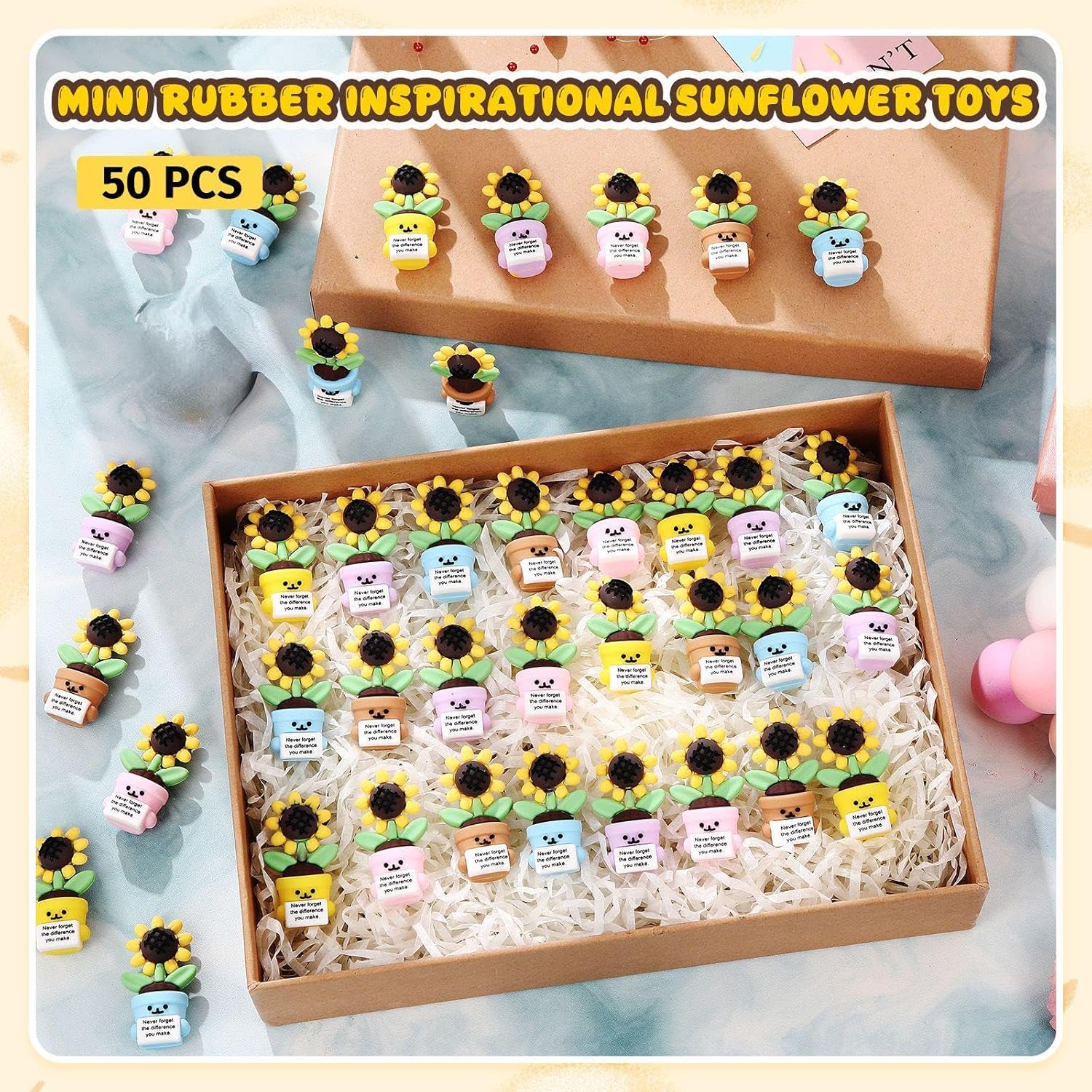Gejoy 50 Pcs Mini Rubber Sunflower Toys Positive Gifts Colorful Sunflower Figures Decorations and Encouragement Birthday Motivational Gifts for Colleague Staff Teacher