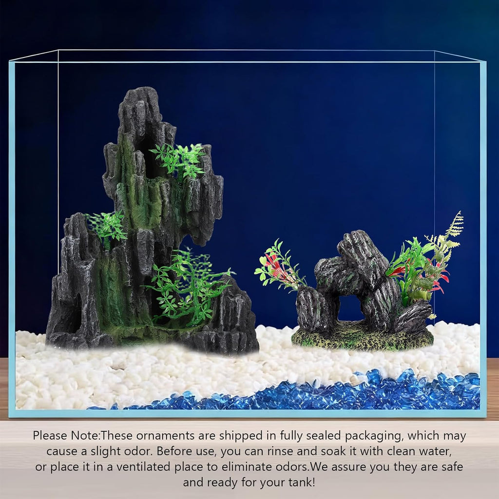 Stone with Plants Aquarium Decoration Resin-Artificial Rock & Greenery Ornament with Large Swim-Through Holes-Approx. 6.9" L x 5.1" W x 5.1" H(Stone&Plants)
