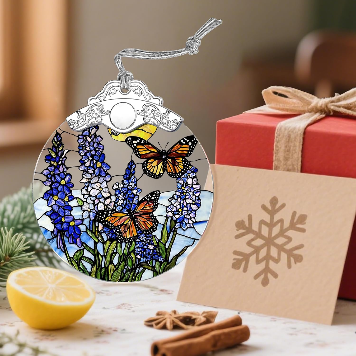 Stained Glass Ornament, Christmas Ornaments, Christmas Decorations for Tree, Holiday Ornament, Gifts for Butterfly Lovers, Holiday Party Gifts, Gift Ideas & Xmas Gift - Lavender with Butterfly