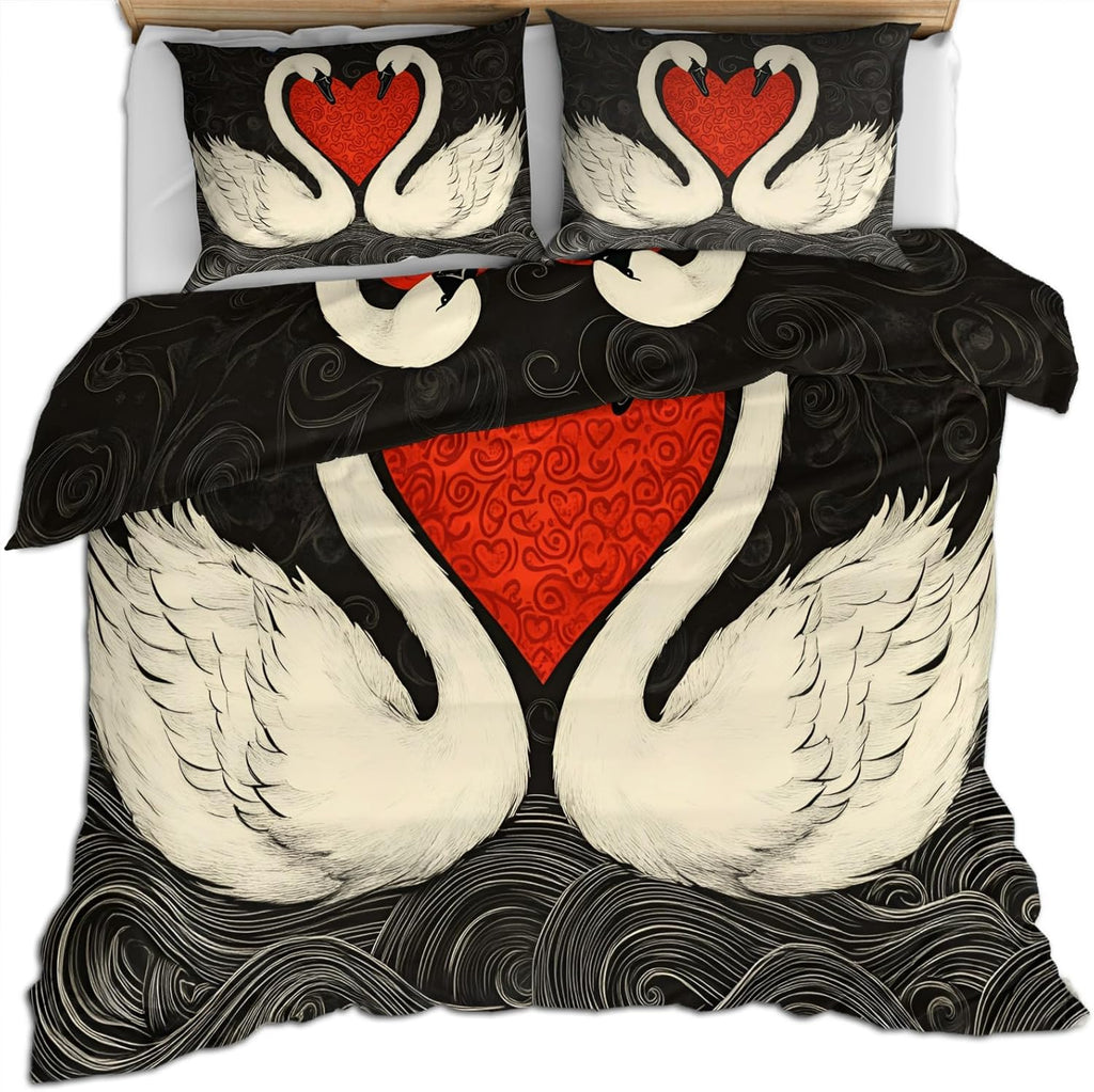 White Swan Duvet Cover Queen Size, Romantic Love Birds Bedding Set 3 Piece Bedroom Decor Hand Drawn Art Swan Comforter Cover with Zipper Ties & 2 Pillowcases