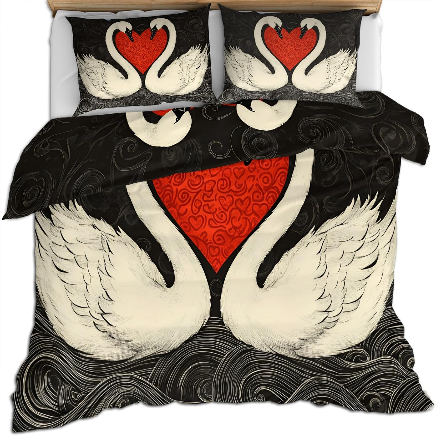 White Swan Duvet Cover Twin Size, Romantic Love Birds Bedding Set 2 Piece Kids and Adults Hand Drawn Art Swan Comforter Cover with Zipper Ties & 1 Pillowcases