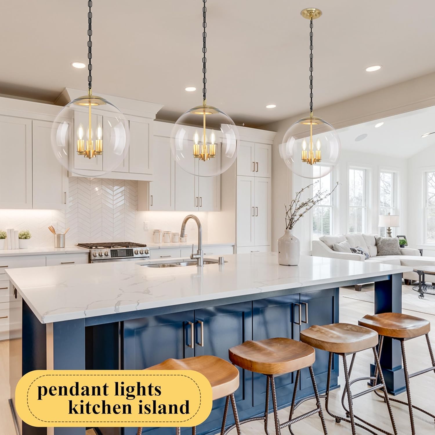 KoKo&Yukina 13.7" Gold Globe Pendant Light Mid Century Pendant Light Clear Glass Pendant Lights Kitchen Island Adjustable Hanging Light Fixture for Dining Room Bedroom Kitchen Island