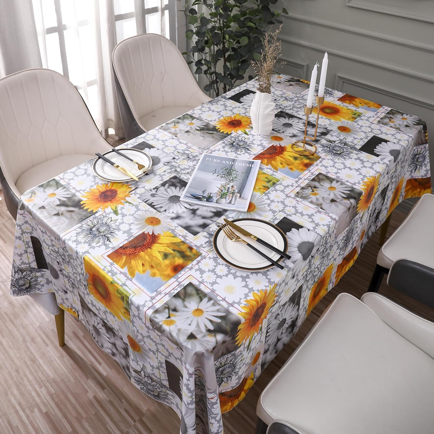 Heavy Duty Vinyl Tablecloth with Flannel Backing Waterproof Oil-Proof Plastic Table Cloth Stain-Resistant Wipeable Rectangle or Square Table Cover for Indoor and Outdoor ( Sunflower, 52X70 Inch)
