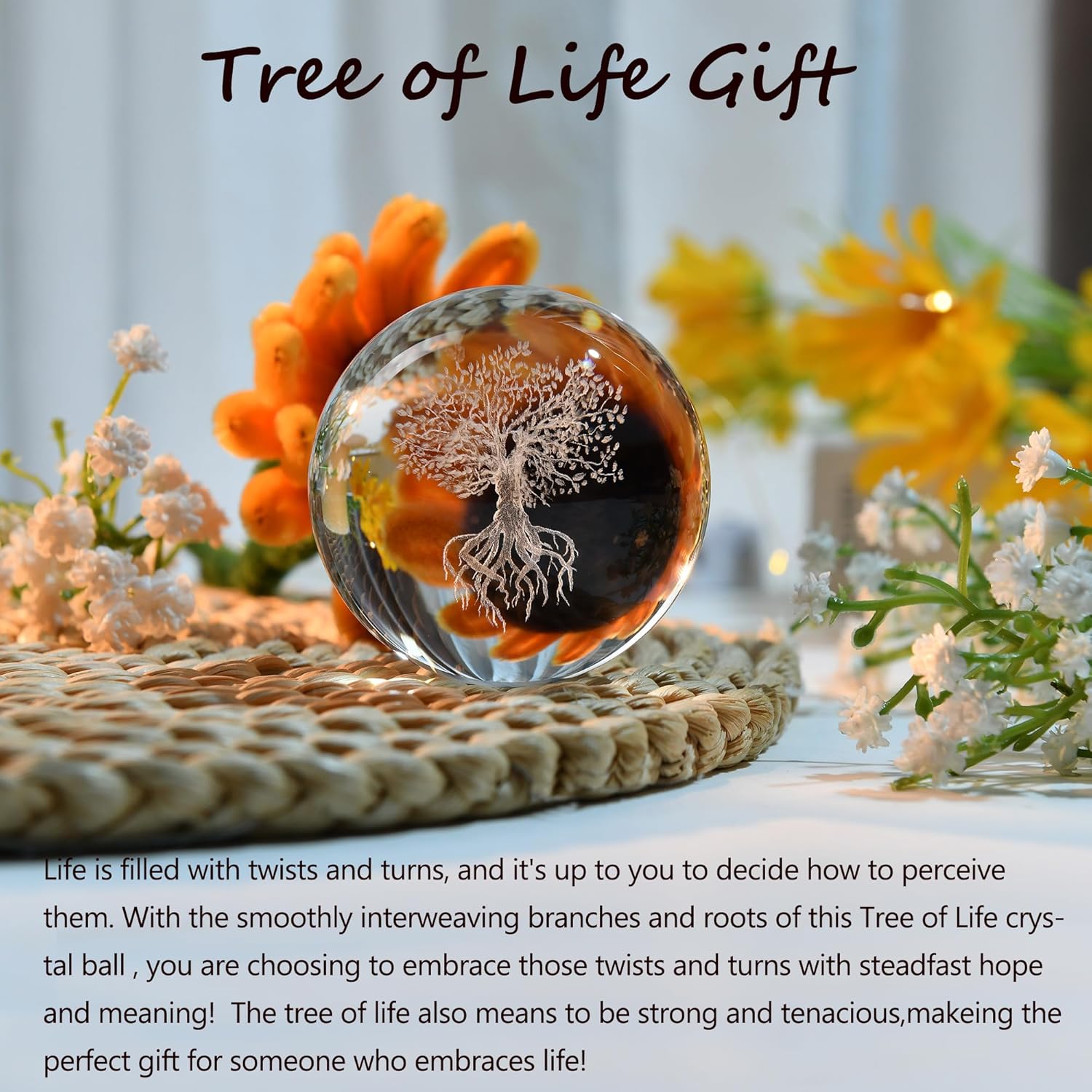 IFOLAINA Tree of Life Crystal Ball with Lighted Base Laser Engraved Glass Ball Tree of Life Night Light Decorative Globes 3D Crystal Plant Sphere Gifts for Her Birthday