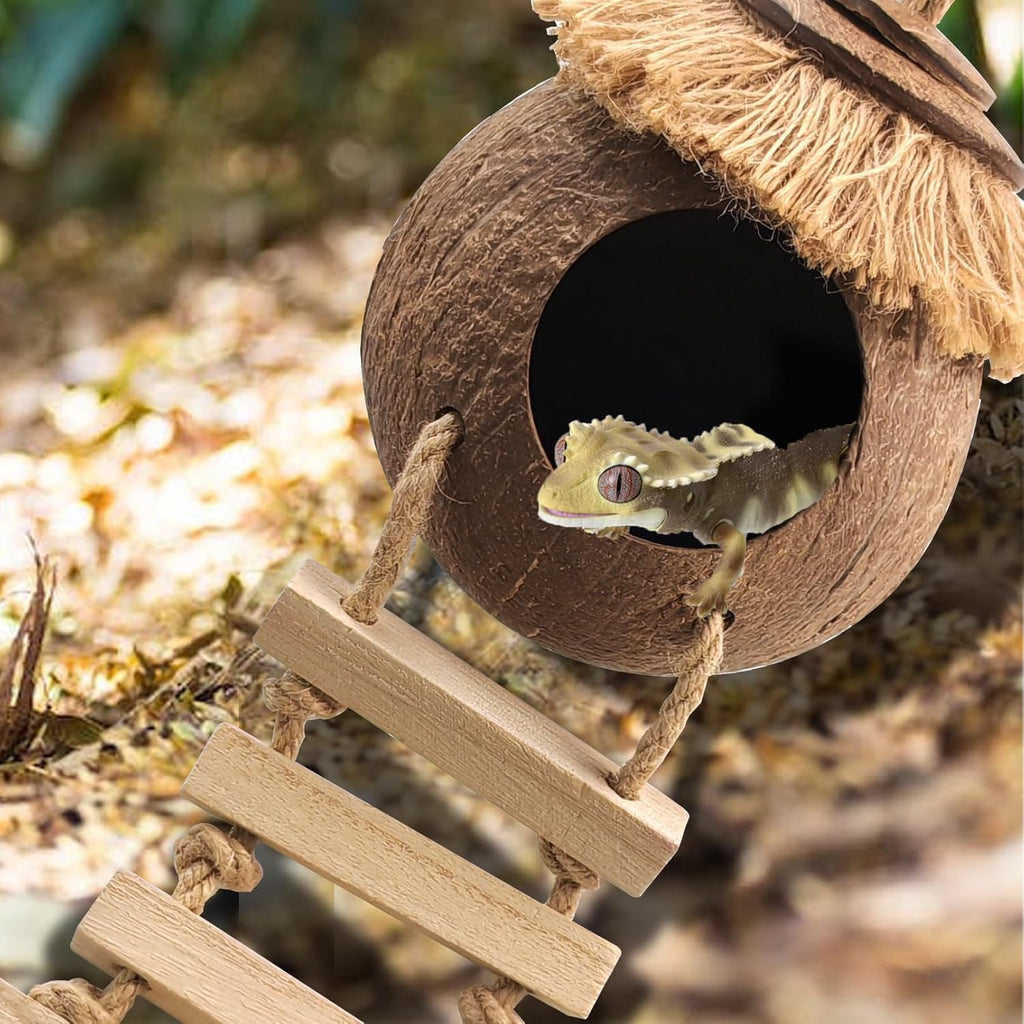 Crested Gecko Tank Accessories Coconut Hide with Ladder,Leopard Gecko Coconut Hut Hideout Hanging Lizard Seagrass Hammock Dragon Cage Lounger Jungle Vine Flexible Leaves Reptile Tank Decor