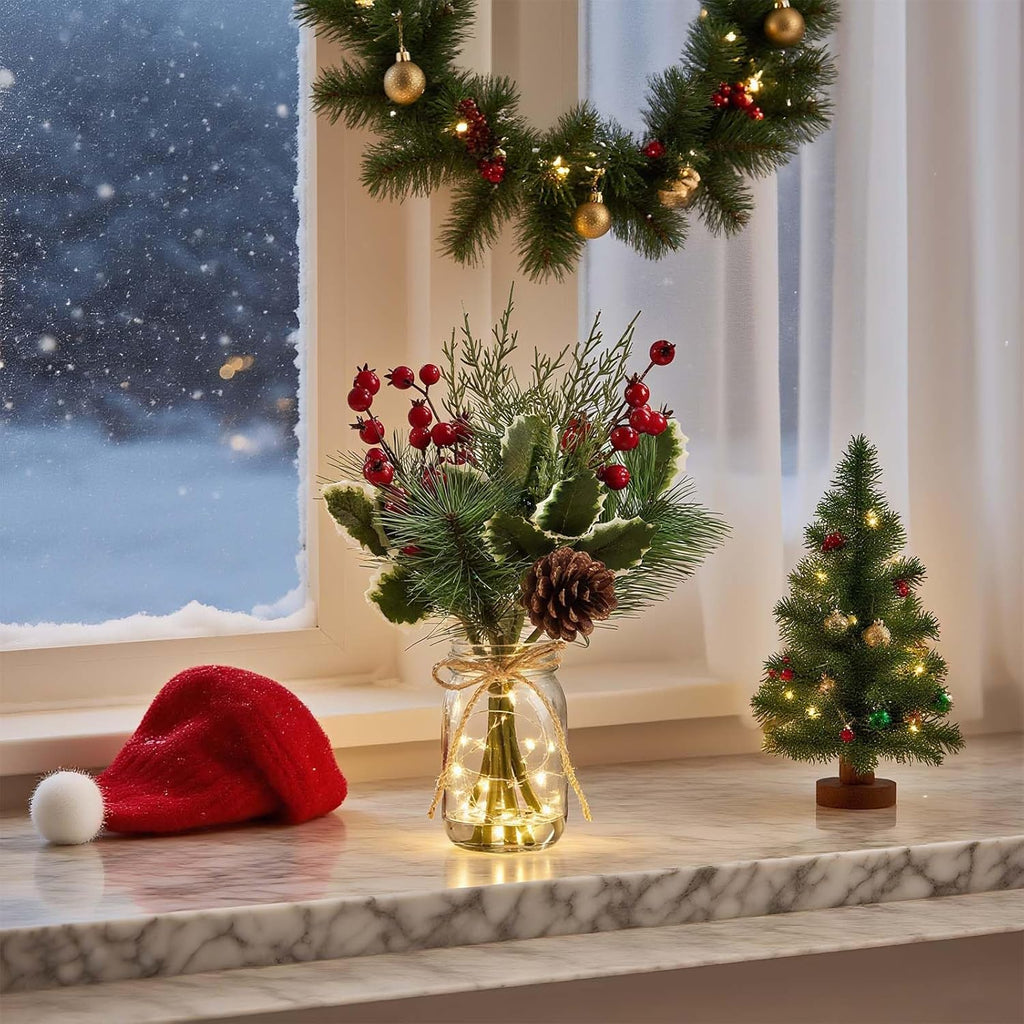 Christmas Artificial Flowers with Vase, Small Christmas Decorations with Pine Branches Red Berry Stems, Greenery Decorations Pines Stem with Cones Holly Berry Leaves for Xmas Home Holiday Season Decor