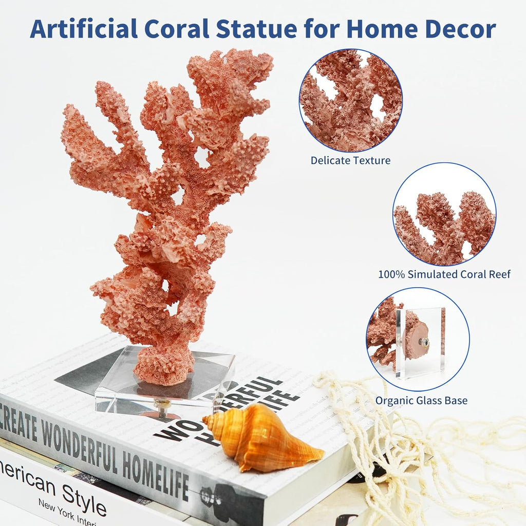 Coral Beach Decor, Artificial Resin Coral Reef Statue, Coastal Room Decor Beach Decorations for Home Bathroom Bedroom,Ocean Themed Decor for Office,Aquarium,5.2''Lx9.5''H, RB1002P, Pink