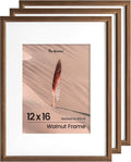 Fun Memories 12x16 Picture Frame, Solid Oak Wood Modern Photo Frame for Wall 12x16 with 8.5x11 Mat, High Definition Plexiglass & Wall Hook Included (Walnut, 3 Pack)