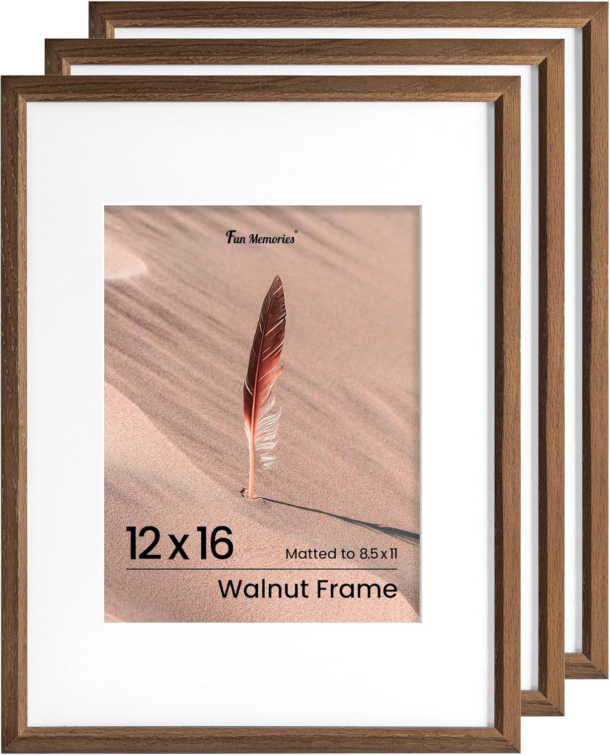 Fun Memories 12x16 Picture Frame, Solid Oak Wood Modern Photo Frame for Wall 12x16 with 8.5x11 Mat, High Definition Plexiglass & Wall Hook Included (Walnut, 3 Pack)